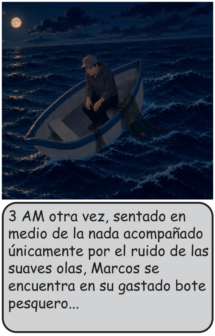 Cómic final, escena 1 de 21. 3 AM otra vez, sentado en medio de la nada acompañado únicamente por el ruido de las suaves olas, Marcos se encuentra en su gastado bote pesquero...