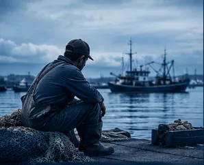 Pescador sentado junto a una embarcación