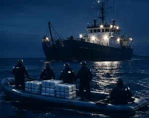 Escena nocturna de embarcaciones y carga