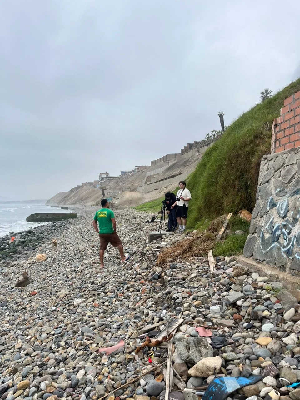 Recorrido del equipo por una playa de piedras